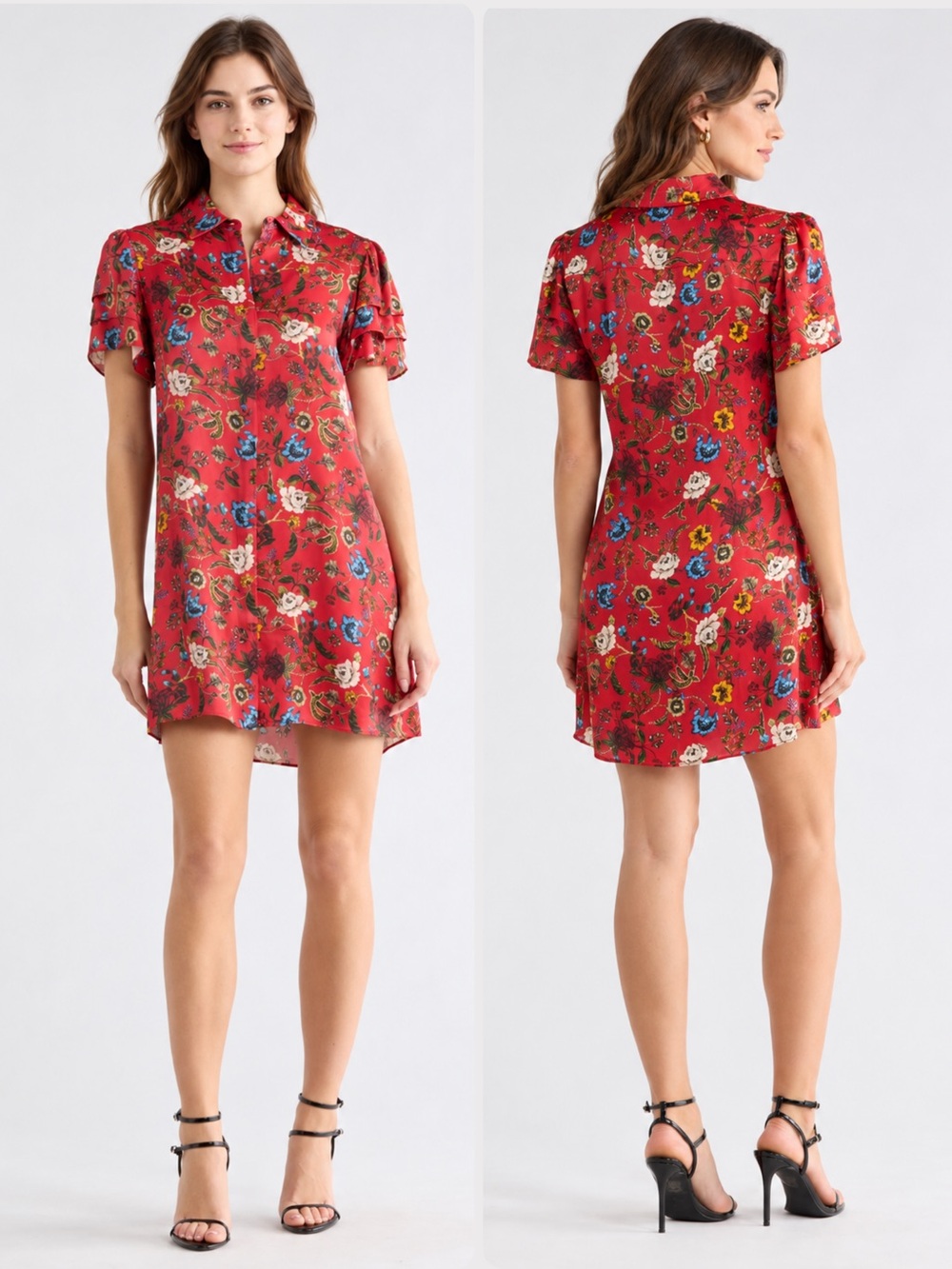 Alice + Olivia Jem Viscose Red Floral Short-Sleeve Collar Shirt Mini Dress $395